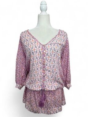Tiare Hawaii tropical pink button up mini dress cover up/ tunic top.